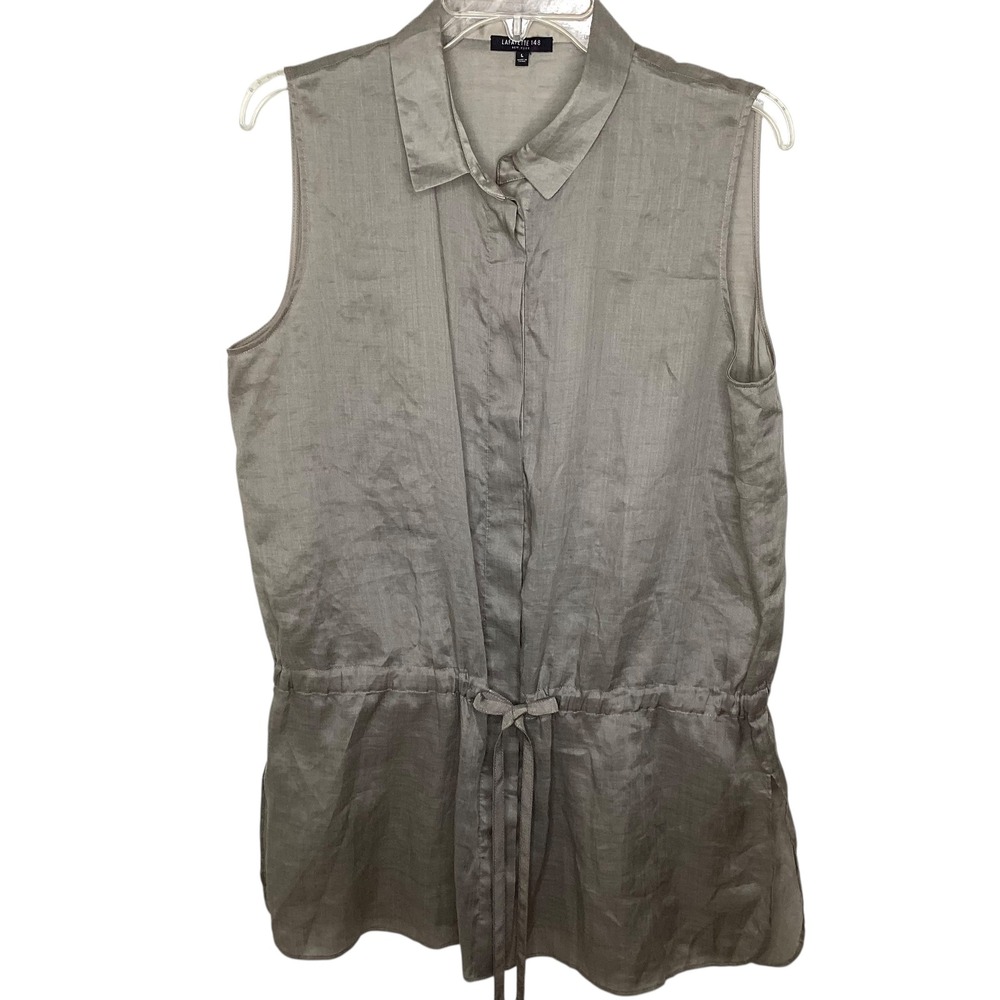 LAFAYETTE 148 Sleeveless Collared Button Front Tunic Top Women Size L Gray Sheer
